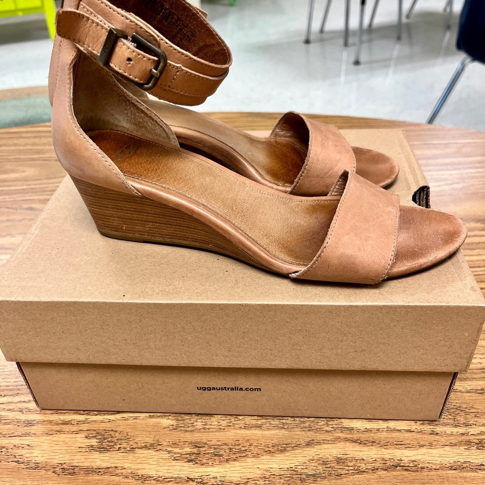 Ugg leather sandals, W Char, Size 9, Neutral tan leather, approx 2” heels